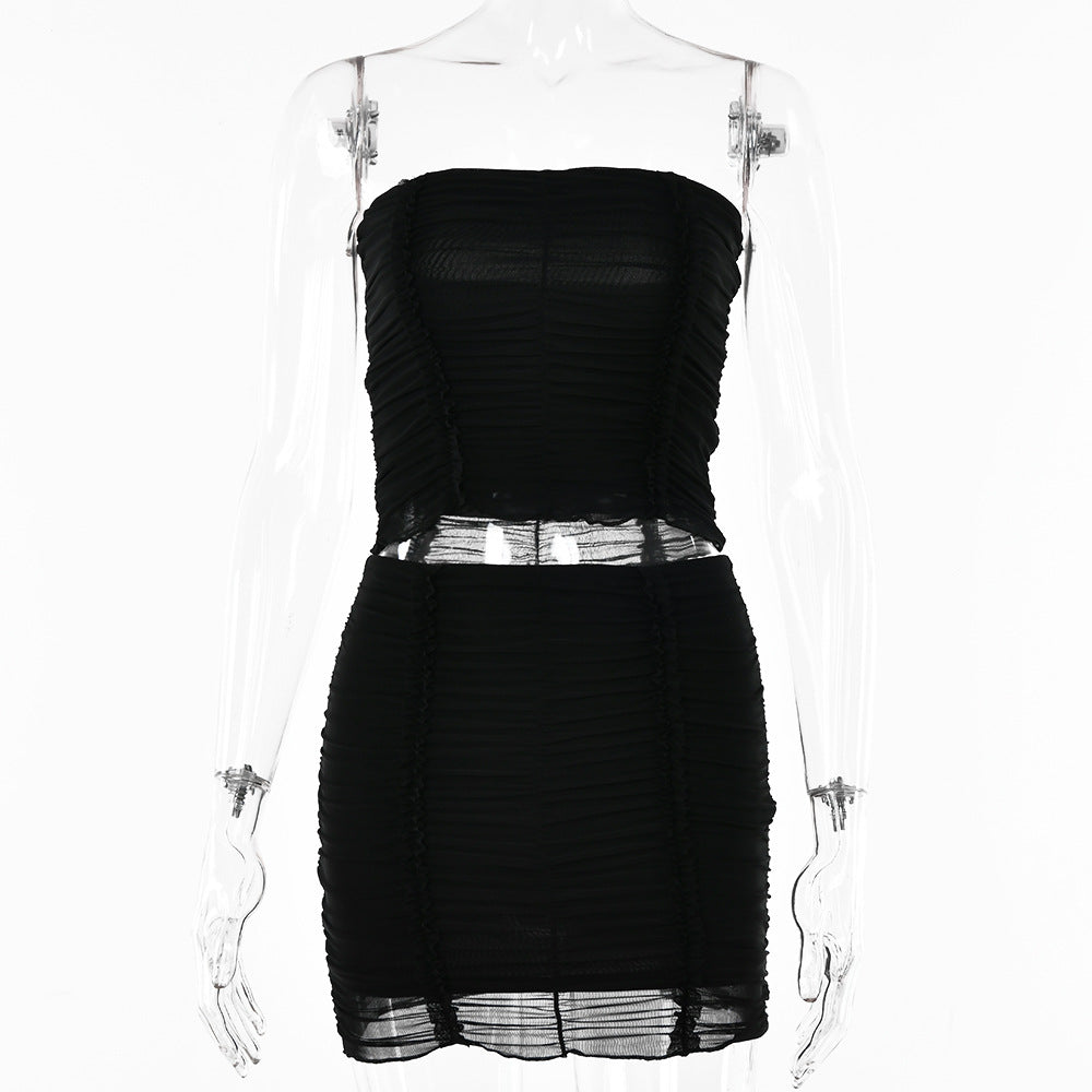 Summer Sheer Mesh Two-Piece Set with Crop Top and Skirt
