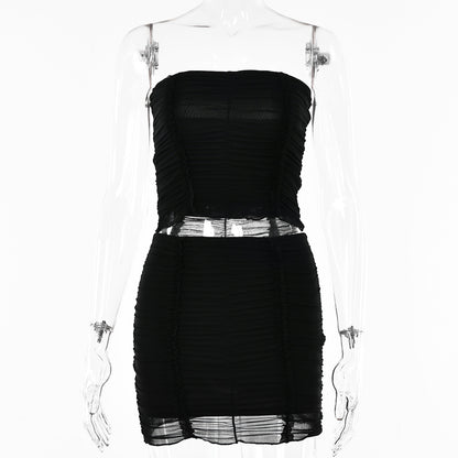 Summer Sheer Mesh Two-Piece Set with Crop Top and Skirt