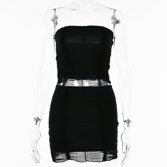 Summer Sheer Mesh Two-Piece Set with Crop Top and Skirt