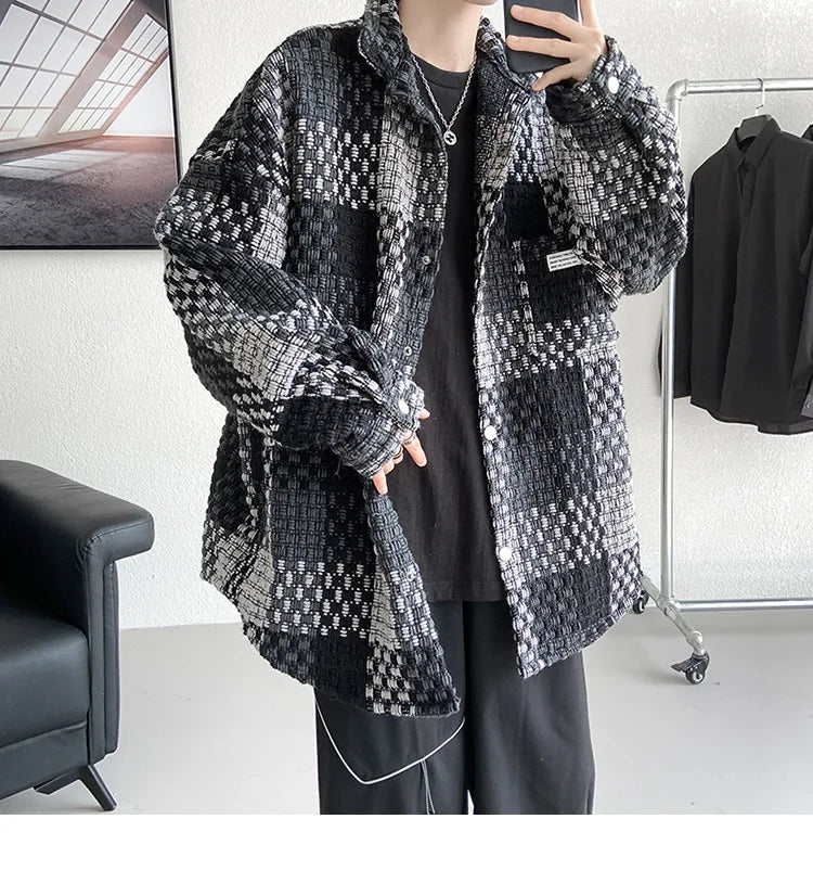 Plaid Jacket Men's Casual Coat Woven Check Jacket Loose Thick Oversize Jacket Men Winter Coat Warm Streetwear