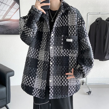 Plaid Jacket Men's Casual Coat Woven Check Jacket Loose Thick Oversize Jacket Men Winter Coat Warm Streetwear