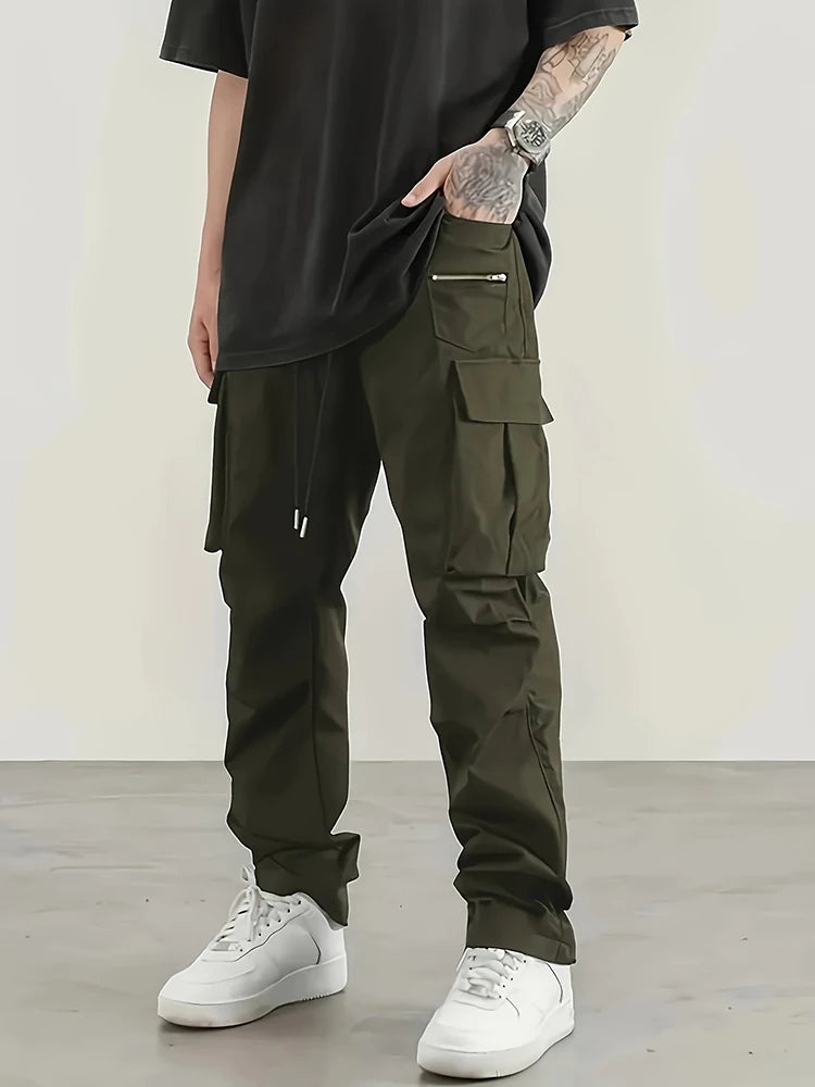 Cargo Pants Men High Street Fashion Multi Pockets Pant Elastic Waist Drawsting Casual Pants Autumn Spring Outdoor Loose Trousers
