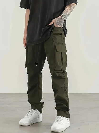 Cargo Pants Men High Street Fashion Multi Pockets Pant Elastic Waist Drawsting Casual Pants Autumn Spring Outdoor Loose Trousers