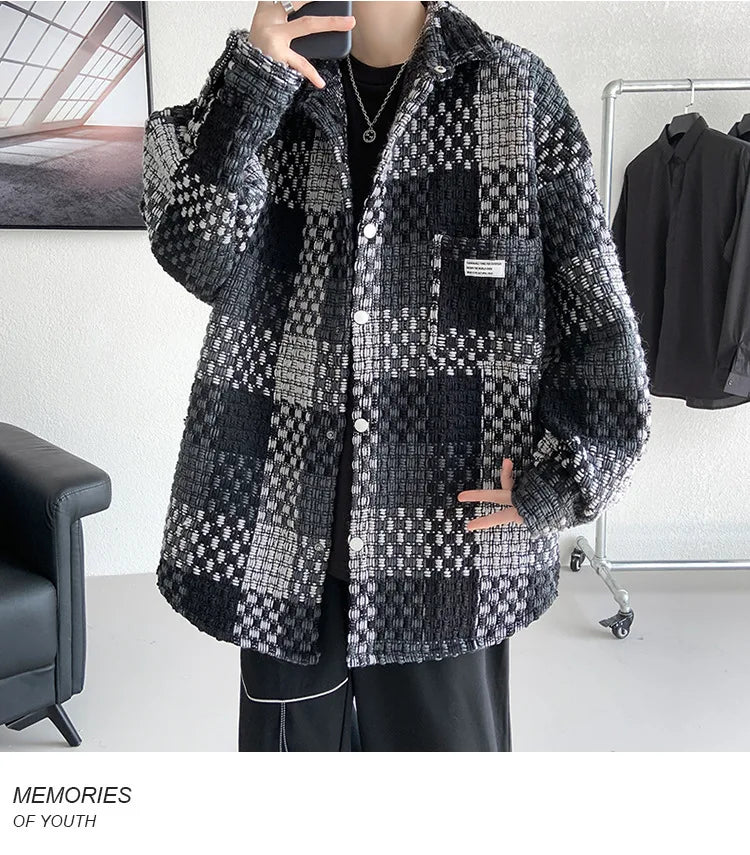 Plaid Jacket Men's Casual Coat Woven Check Jacket Loose Thick Oversize Jacket Men Winter Coat Warm Streetwear