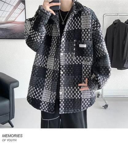 Plaid Jacket Men's Casual Coat Woven Check Jacket Loose Thick Oversize Jacket Men Winter Coat Warm Streetwear