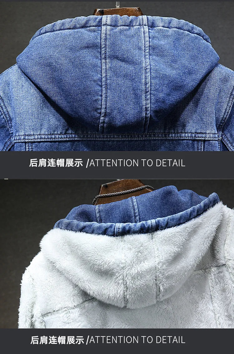 Hooded Denim Jacket Men's Retro Jacket Autumn and Winter Coat Hooded Plus Velvet Windbreaker Thickened and Warm for Men