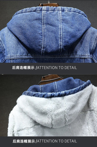 Hooded Denim Jacket Men's Retro Jacket Autumn and Winter Coat Hooded Plus Velvet Windbreaker Thickened and Warm for Men