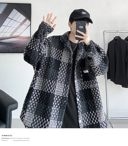 Plaid Jacket Men's Casual Coat Woven Check Jacket Loose Thick Oversize Jacket Men Winter Coat Warm Streetwear
