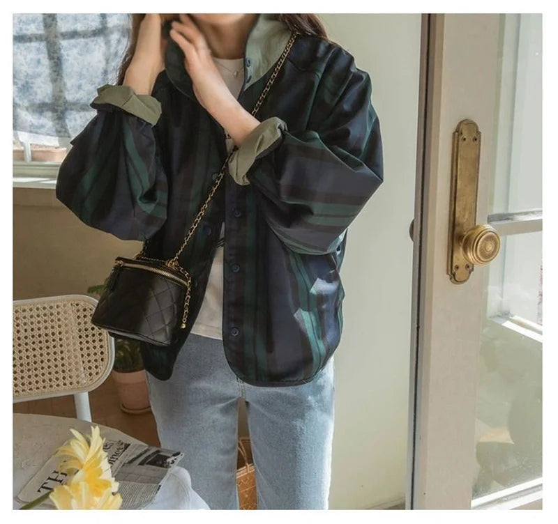 Women's Jacket New Fashion Double-sided Wear Joker Plaid Jacket Women's Spring and Autumn new Loose Jacket Short Trench Coat