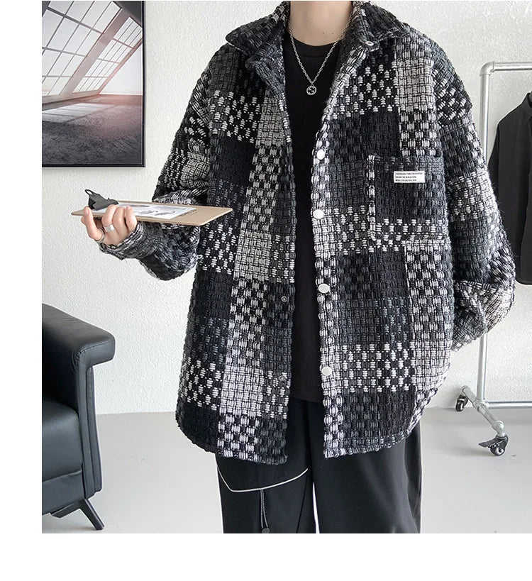 Plaid Jacket Men's Casual Coat Woven Check Jacket Loose Thick Oversize Jacket Men Winter Coat Warm Streetwear