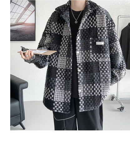 Plaid Jacket Men's Casual Coat Woven Check Jacket Loose Thick Oversize Jacket Men Winter Coat Warm Streetwear