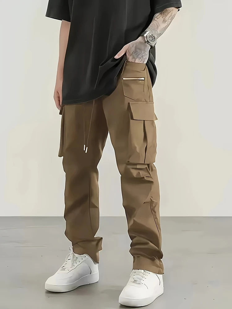 Cargo Pants Men High Street Fashion Multi Pockets Pant Elastic Waist Drawsting Casual Pants Autumn Spring Outdoor Loose Trousers