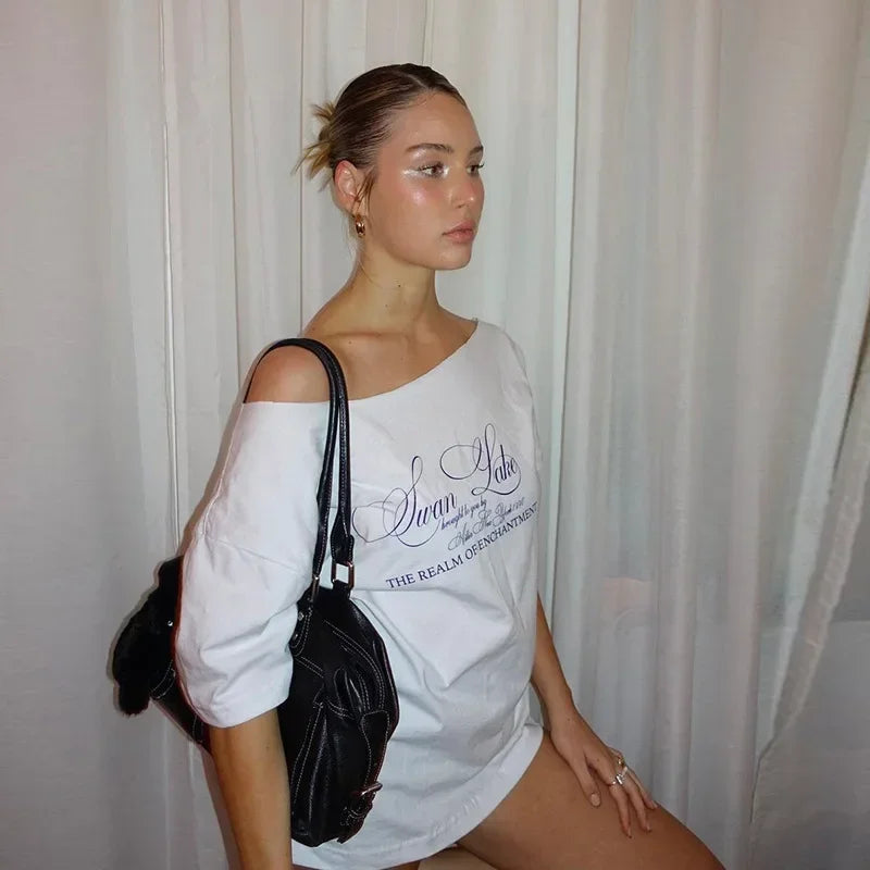 Oversized T Shirts For Women Streetwear Inclined Collar Y2k Top Letters Printing Camisetas Short Sleeve Ropa Mujer Summer Outfit