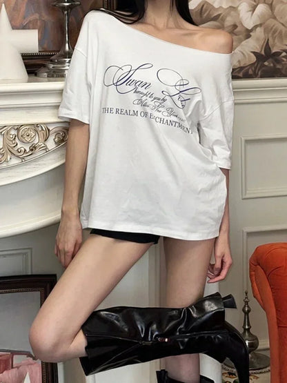 Oversized T Shirts For Women Streetwear Inclined Collar Y2k Top Letters Printing Camisetas Short Sleeve Ropa Mujer Summer Outfit