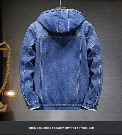 Hooded Denim Jacket Men's Retro Jacket Autumn and Winter Coat Hooded Plus Velvet Windbreaker Thickened and Warm for Men