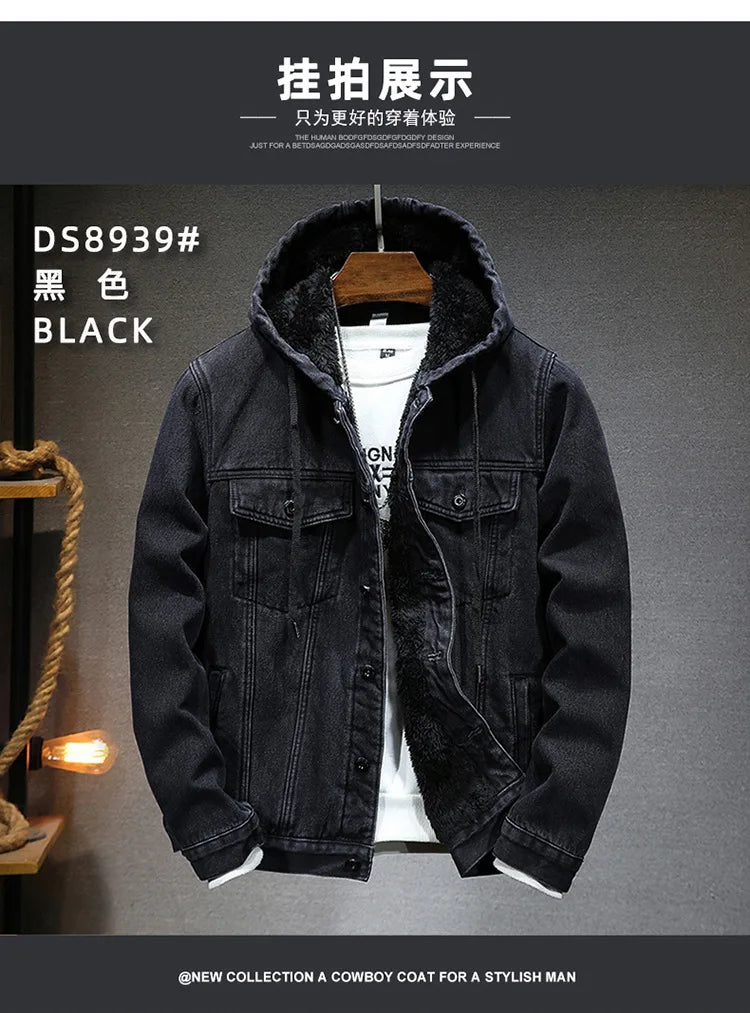 Hooded Denim Jacket Men's Retro Jacket Autumn and Winter Coat Hooded Plus Velvet Windbreaker Thickened and Warm for Men