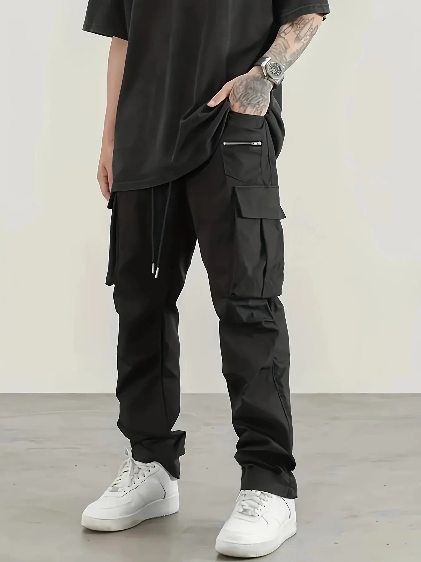 Cargo Pants Men High Street Fashion Multi Pockets Pant Elastic Waist Drawsting Casual Pants Autumn Spring Outdoor Loose Trousers