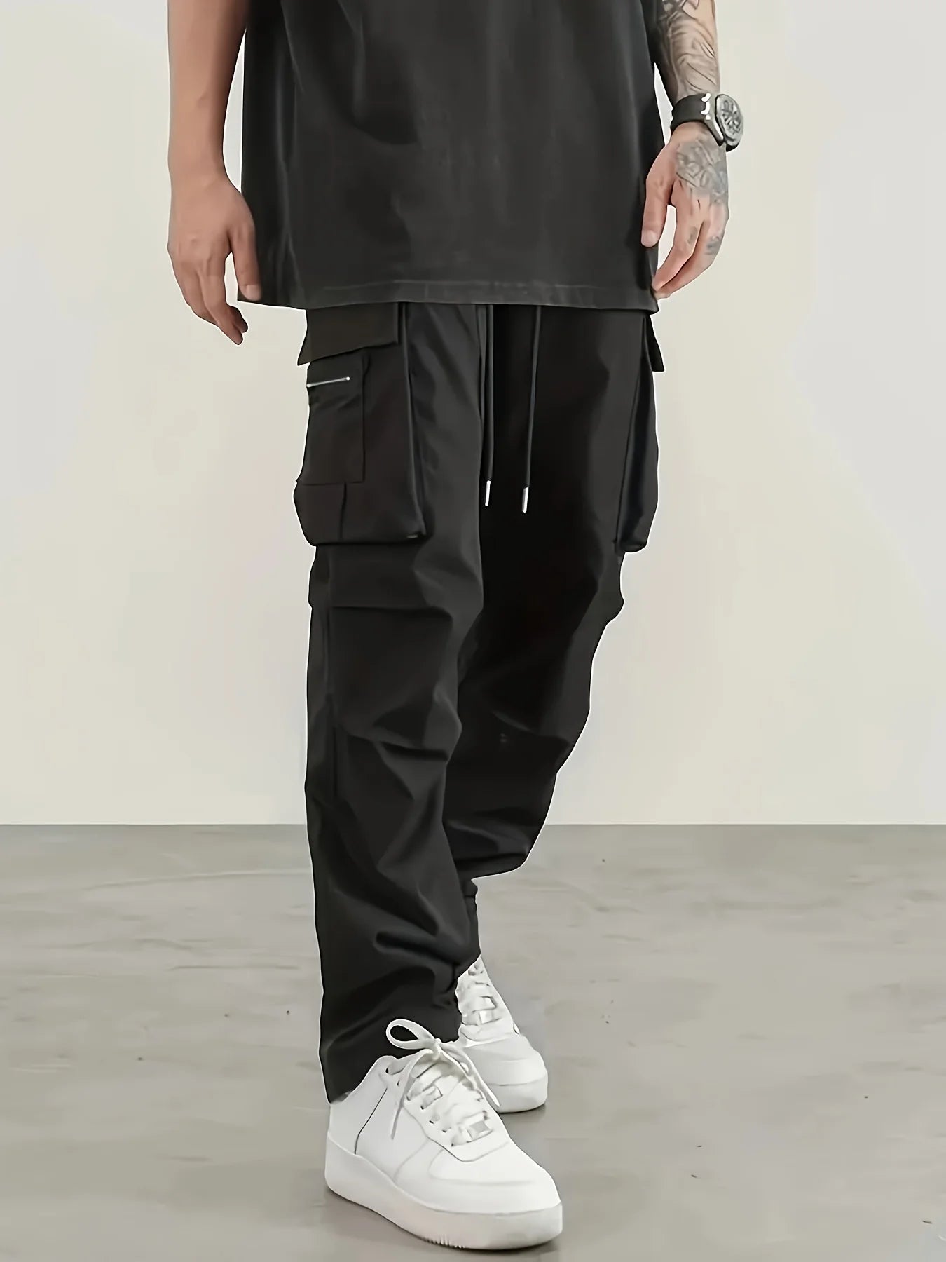 Cargo Pants Men High Street Fashion Multi Pockets Pant Elastic Waist Drawsting Casual Pants Autumn Spring Outdoor Loose Trousers