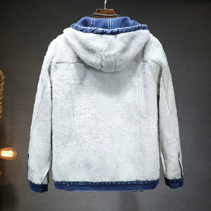 Hooded Denim Jacket Men's Retro Jacket Autumn and Winter Coat Hooded Plus Velvet Windbreaker Thickened and Warm for Men