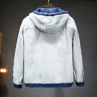 Hooded Denim Jacket Men's Retro Jacket Autumn and Winter Coat Hooded Plus Velvet Windbreaker Thickened and Warm for Men