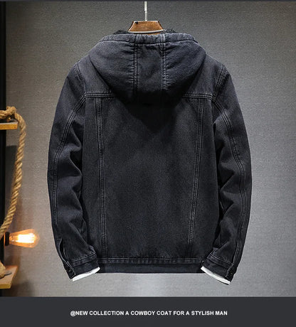 Hooded Denim Jacket Men's Retro Jacket Autumn and Winter Coat Hooded Plus Velvet Windbreaker Thickened and Warm for Men