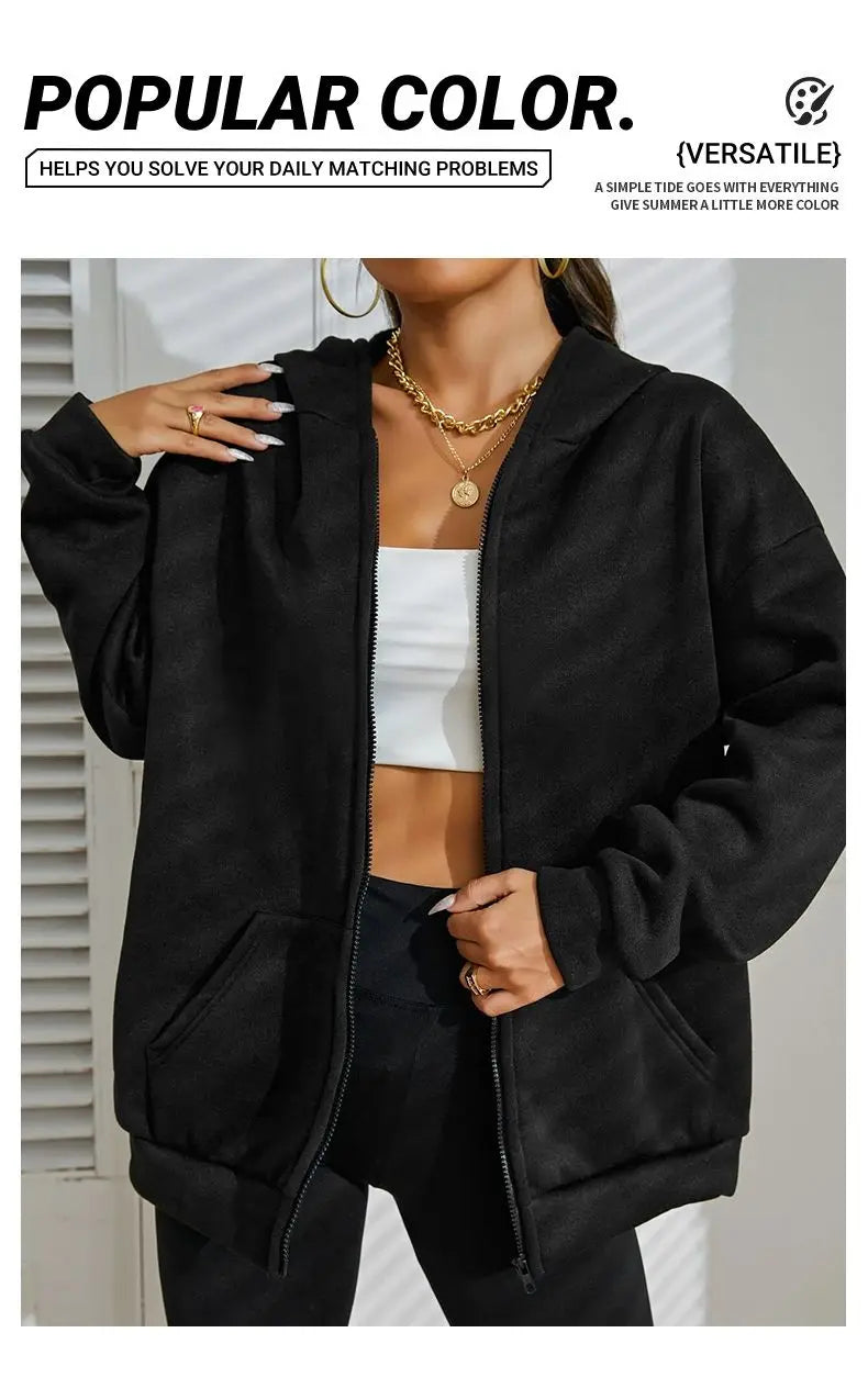 Oversize Women Hoodies Casual Solid Zip Up Hooded Sweatshirt Harajuku Korean Loose Couple Hoodie Jacket Coat Streetwear