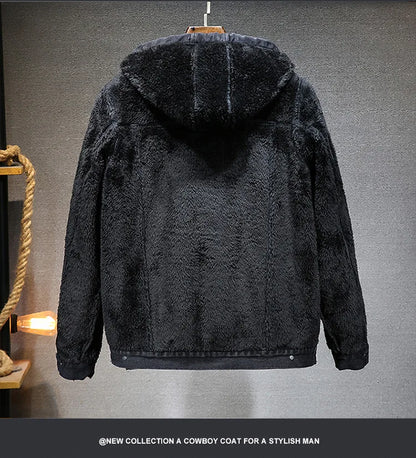 Hooded Denim Jacket Men's Retro Jacket Autumn and Winter Coat Hooded Plus Velvet Windbreaker Thickened and Warm for Men