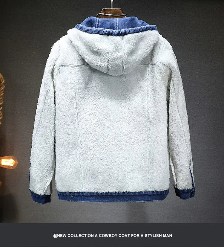 Hooded Denim Jacket Men's Retro Jacket Autumn and Winter Coat Hooded Plus Velvet Windbreaker Thickened and Warm for Men