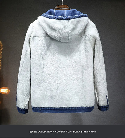 Hooded Denim Jacket Men's Retro Jacket Autumn and Winter Coat Hooded Plus Velvet Windbreaker Thickened and Warm for Men