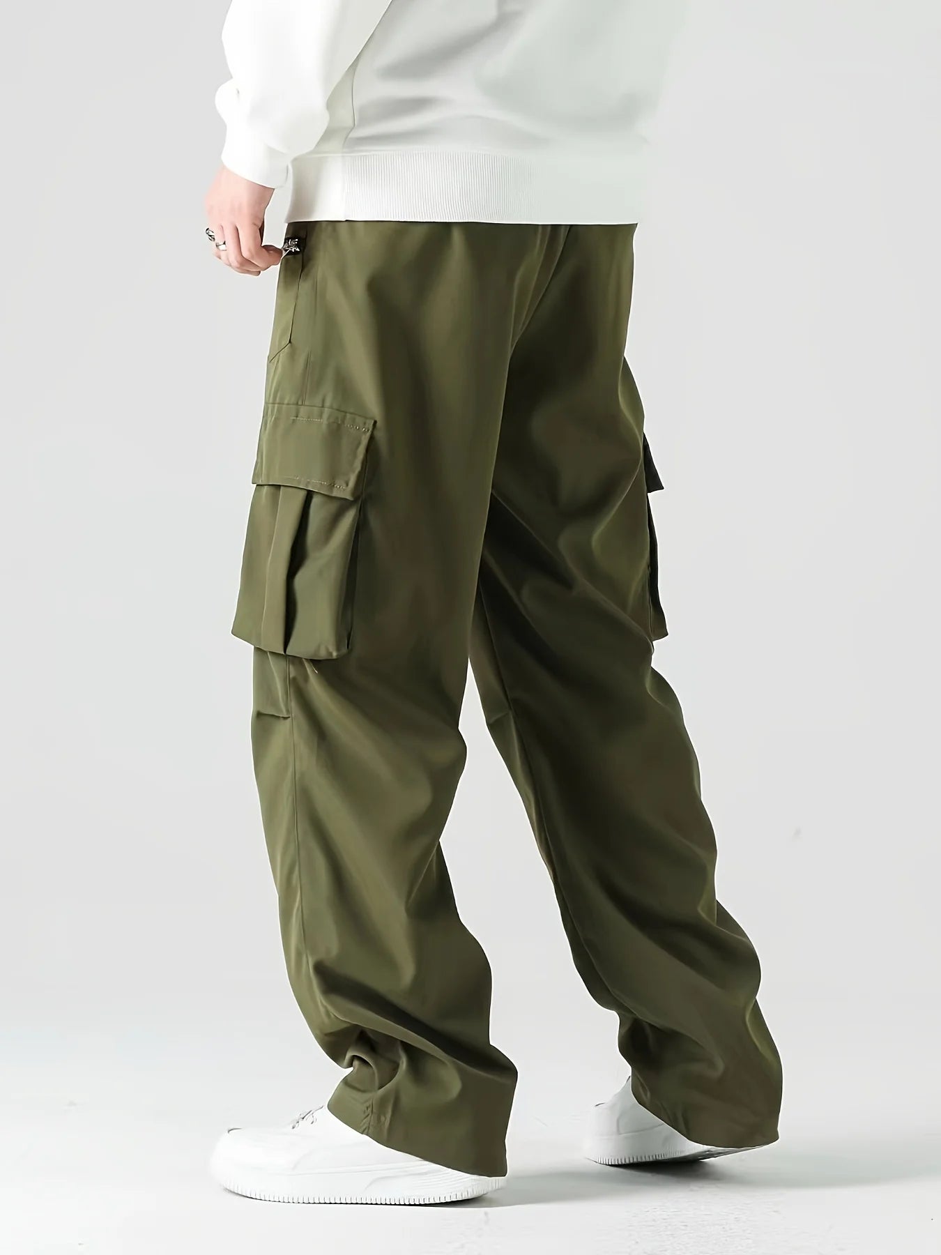 Cargo Pants Men High Street Fashion Multi Pockets Pant Elastic Waist Drawsting Casual Pants Autumn Spring Outdoor Loose Trousers