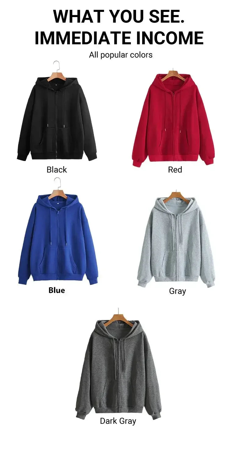 Oversize Women Hoodies Casual Solid Zip Up Hooded Sweatshirt Harajuku Korean Loose Couple Hoodie Jacket Coat Streetwear