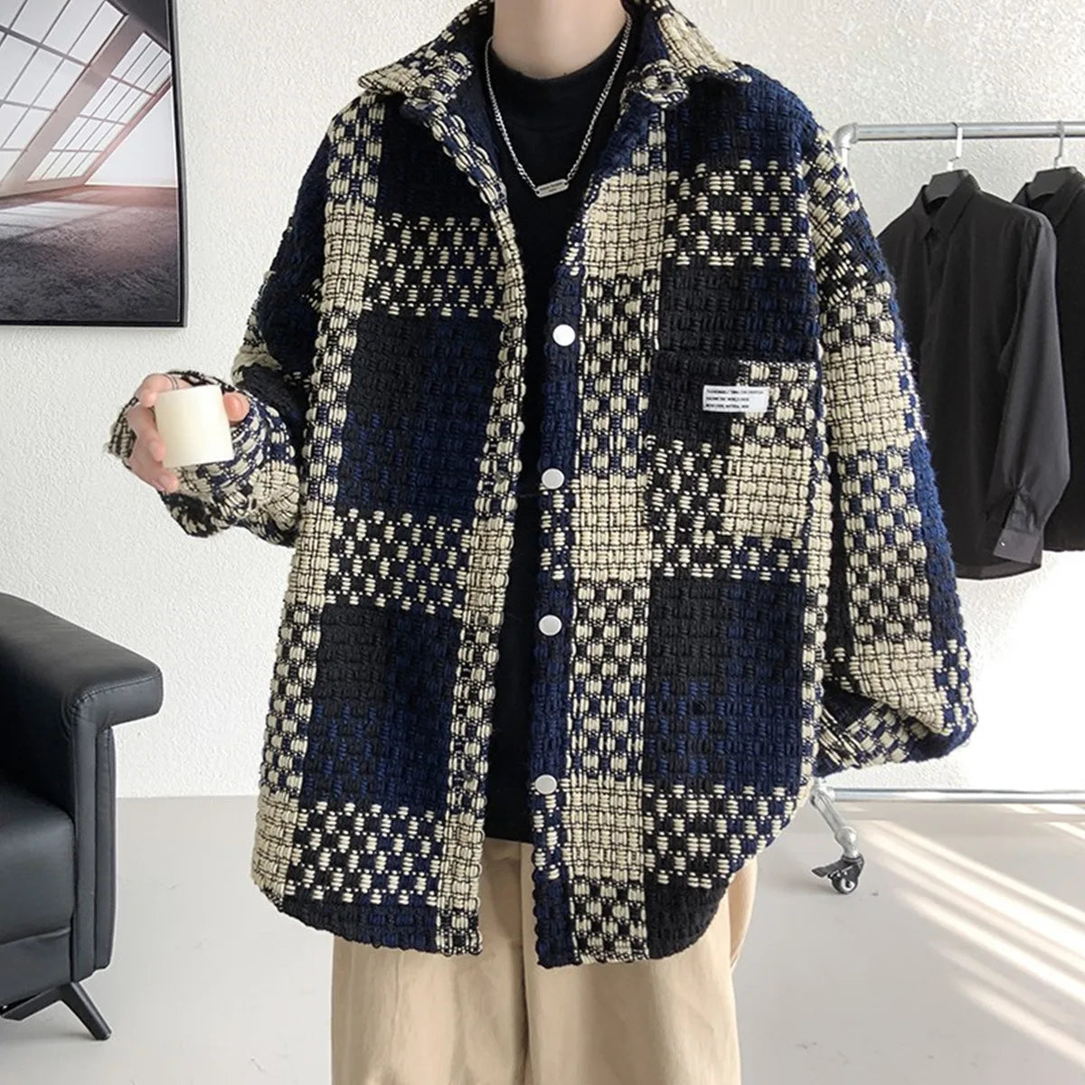 Plaid Jacket Men's Casual Coat Woven Check Jacket Loose Thick Oversize Jacket Men Winter Coat Warm Streetwear
