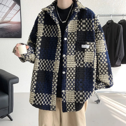 Plaid Jacket Men's Casual Coat Woven Check Jacket Loose Thick Oversize Jacket Men Winter Coat Warm Streetwear
