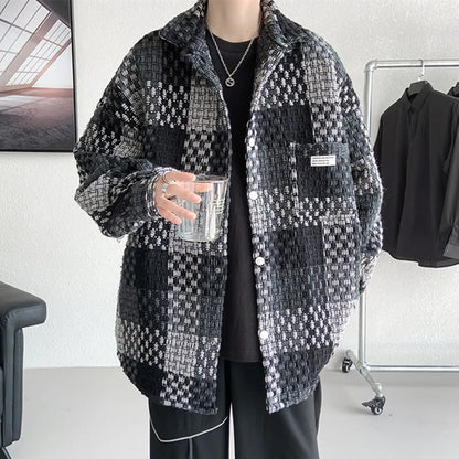 Plaid Jacket Men's Casual Coat Woven Check Jacket Loose Thick Oversize Jacket Men Winter Coat Warm Streetwear