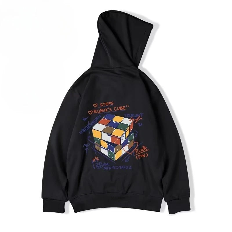 【M-8XL Hoodies】Men Oversized Pullover Hoodie Fashion Loose Multicolor Rubik’s Cube Panda Print Long Sleeve Couple Clothes