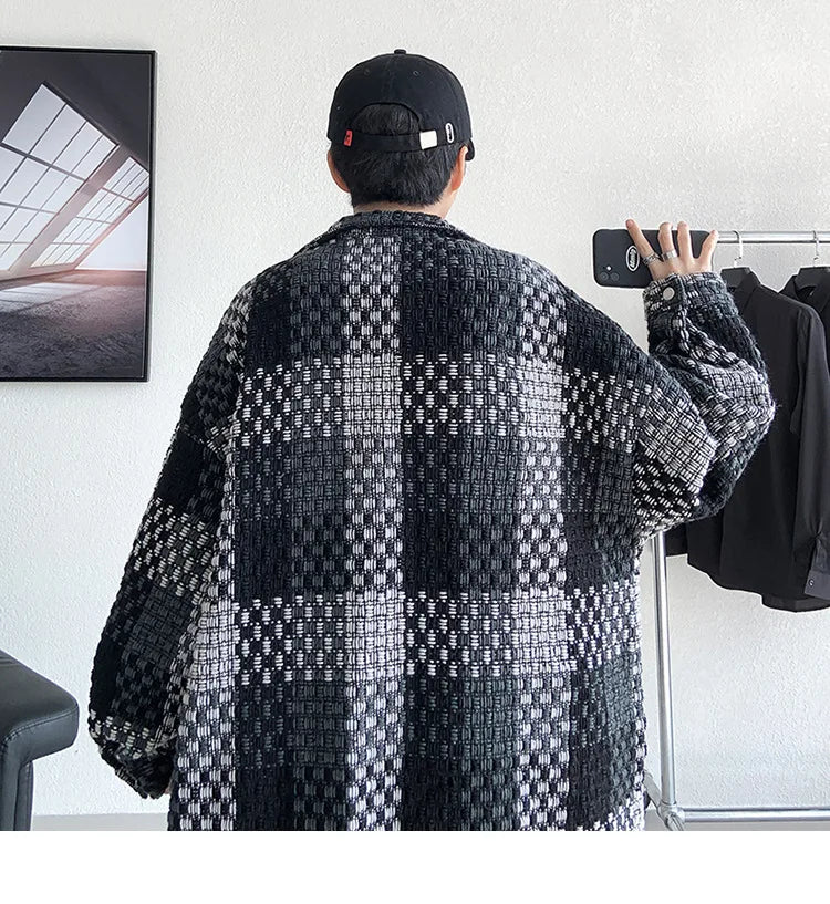 Plaid Jacket Men's Casual Coat Woven Check Jacket Loose Thick Oversize Jacket Men Winter Coat Warm Streetwear