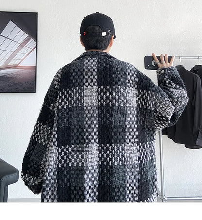 Plaid Jacket Men's Casual Coat Woven Check Jacket Loose Thick Oversize Jacket Men Winter Coat Warm Streetwear