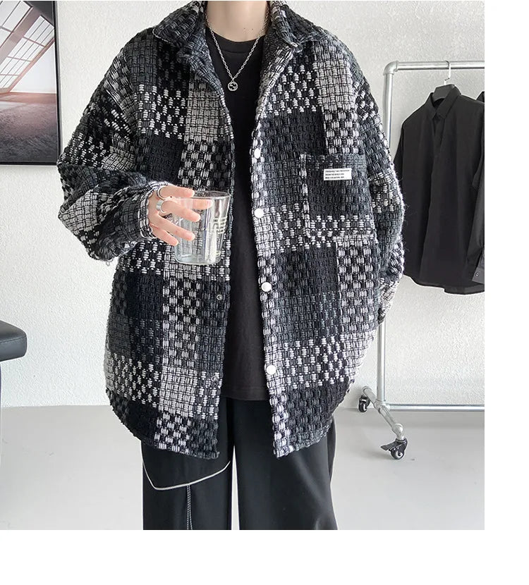 Plaid Jacket Men's Casual Coat Woven Check Jacket Loose Thick Oversize Jacket Men Winter Coat Warm Streetwear