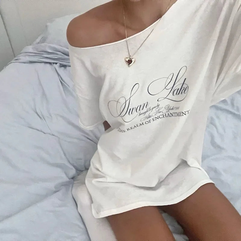 Oversized T Shirts For Women Streetwear Inclined Collar Y2k Top Letters Printing Camisetas Short Sleeve Ropa Mujer Summer Outfit