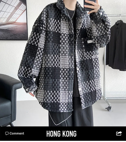 Plaid Jacket Men's Casual Coat Woven Check Jacket Loose Thick Oversize Jacket Men Winter Coat Warm Streetwear