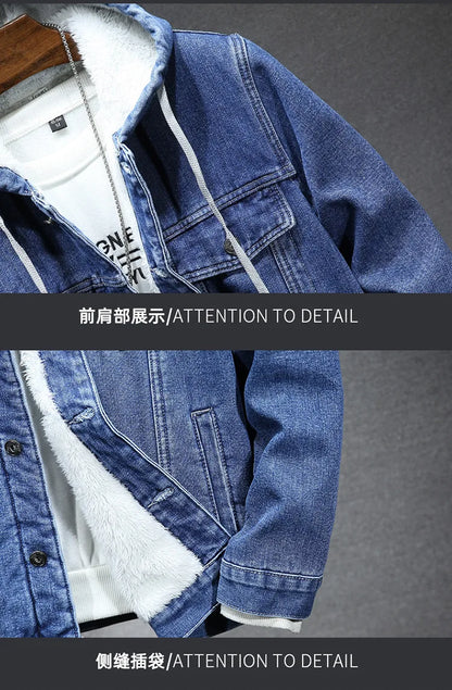 Hooded Denim Jacket Men's Retro Jacket Autumn and Winter Coat Hooded Plus Velvet Windbreaker Thickened and Warm for Men