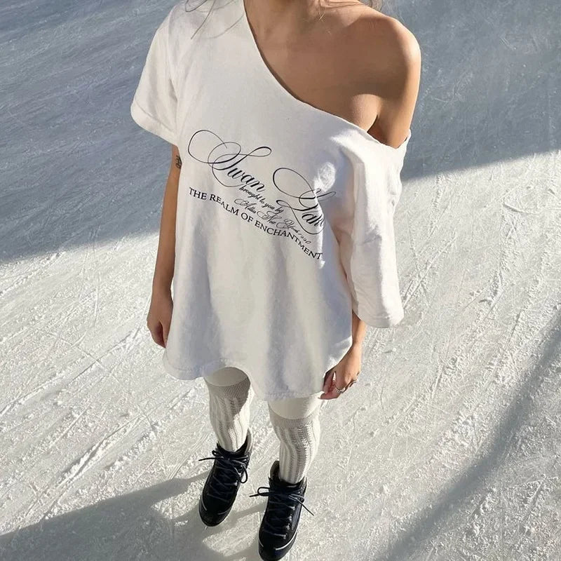 Oversized T Shirts For Women Streetwear Inclined Collar Y2k Top Letters Printing Camisetas Short Sleeve Ropa Mujer Summer Outfit