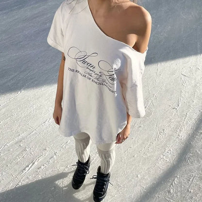 Oversized T Shirts For Women Streetwear Inclined Collar Y2k Top Letters Printing Camisetas Short Sleeve Ropa Mujer Summer Outfit