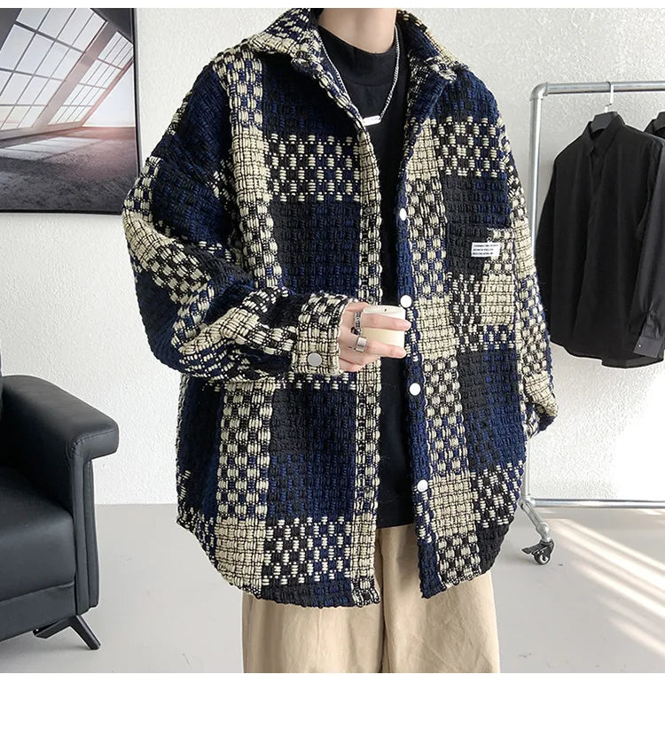Plaid Jacket Men's Casual Coat Woven Check Jacket Loose Thick Oversize Jacket Men Winter Coat Warm Streetwear