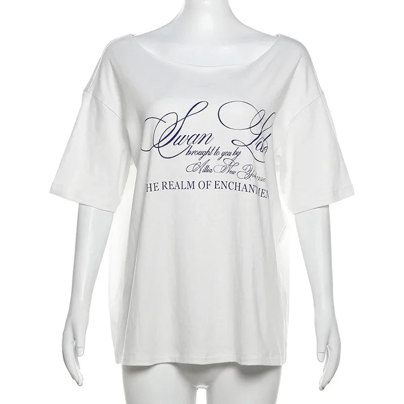 Oversized T Shirts For Women Streetwear Inclined Collar Y2k Top Letters Printing Camisetas Short Sleeve Ropa Mujer Summer Outfit