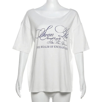 Oversized T Shirts For Women Streetwear Inclined Collar Y2k Top Letters Printing Camisetas Short Sleeve Ropa Mujer Summer Outfit
