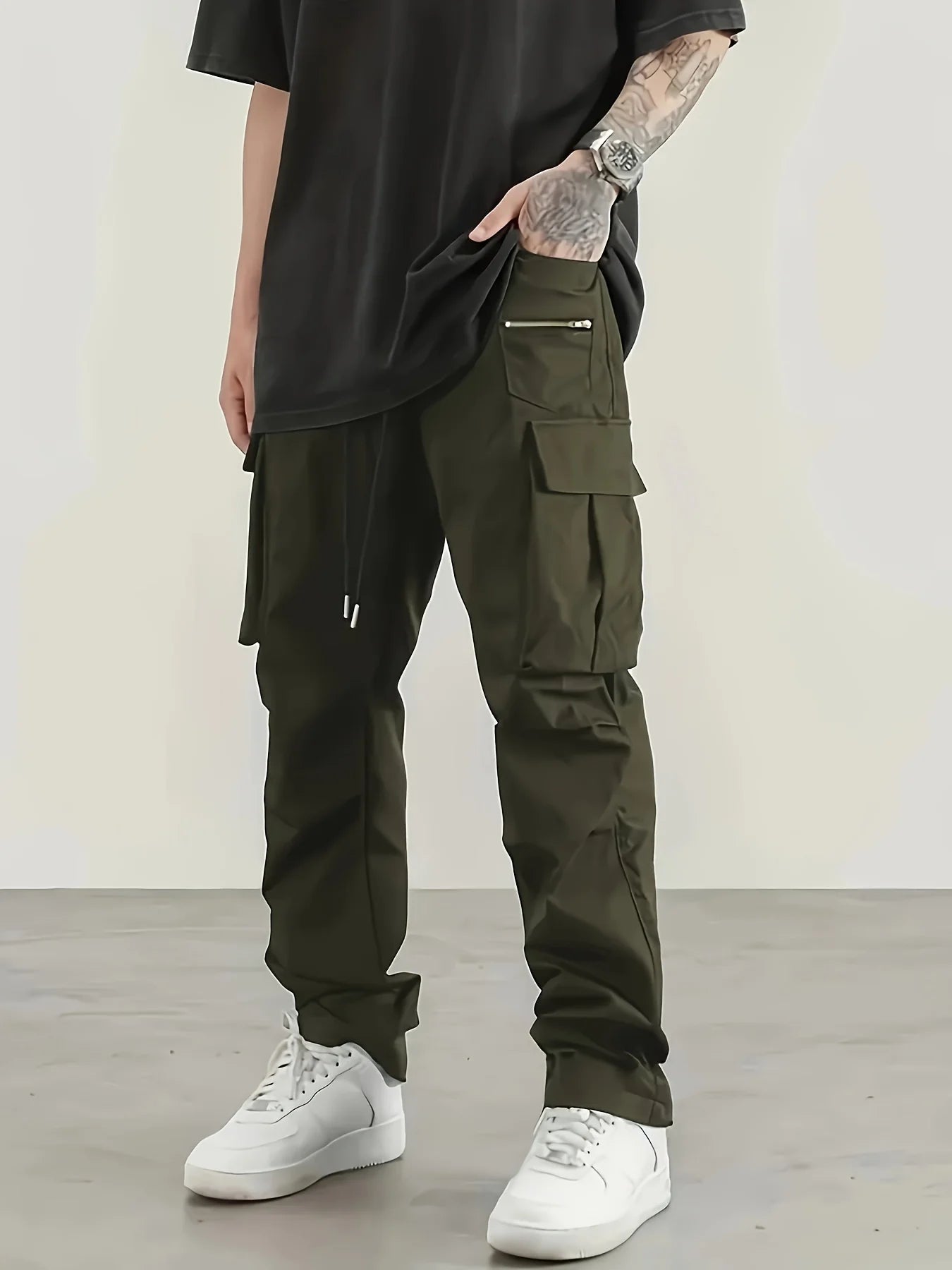 Cargo Pants Men High Street Fashion Multi Pockets Pant Elastic Waist Drawsting Casual Pants Autumn Spring Outdoor Loose Trousers