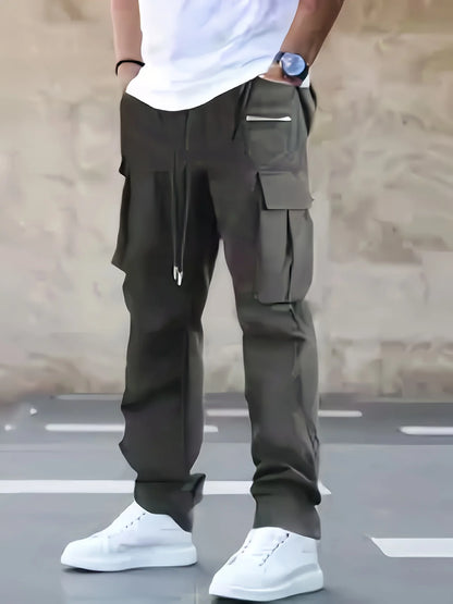 Cargo Pants Men High Street Fashion Multi Pockets Pant Elastic Waist Drawsting Casual Pants Autumn Spring Outdoor Loose Trousers