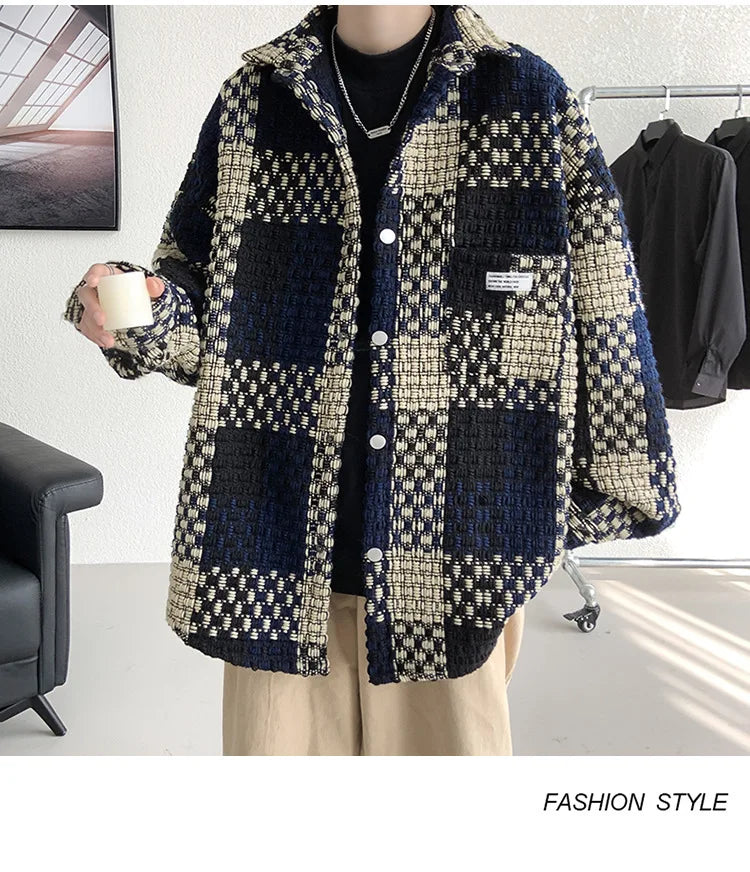 Plaid Jacket Men's Casual Coat Woven Check Jacket Loose Thick Oversize Jacket Men Winter Coat Warm Streetwear