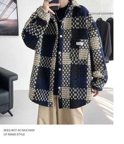Plaid Jacket Men's Casual Coat Woven Check Jacket Loose Thick Oversize Jacket Men Winter Coat Warm Streetwear